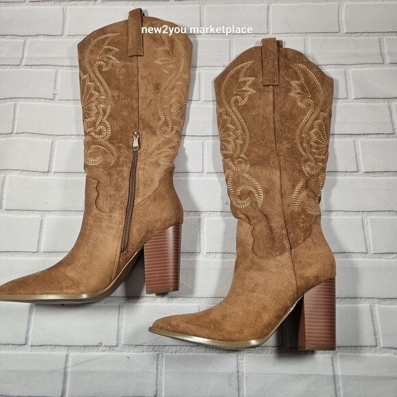 Shoes - Women's Faux Suede Embroidered Knee High Cowboy Boots Size 8 Light Brown - New*
